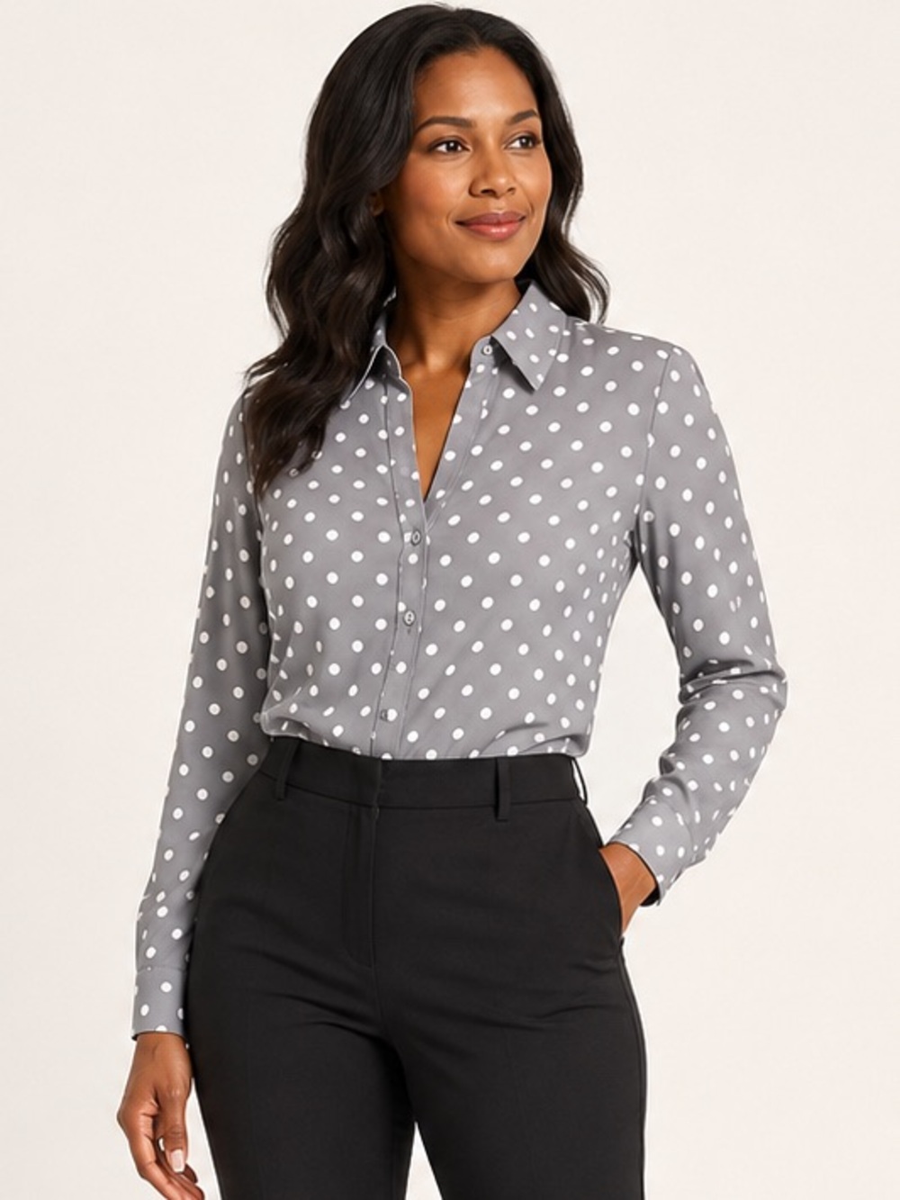 Express Women’s Portofino Shirt M Gray White Polka Dot Slim Fit Button Blouse
